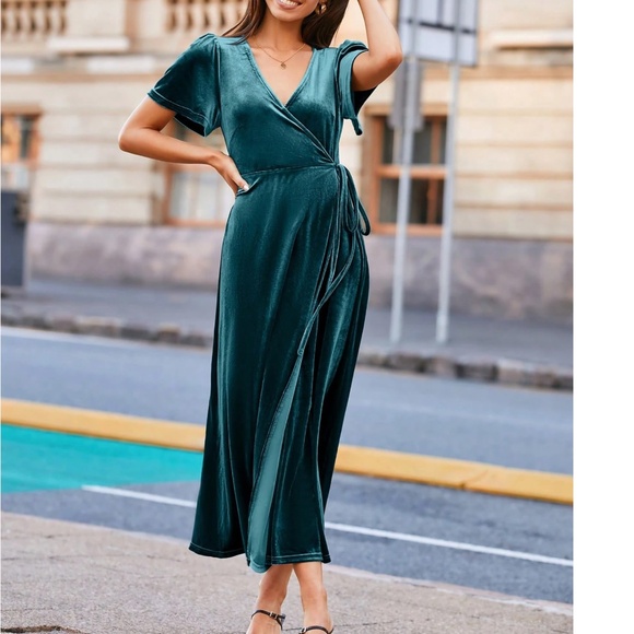 Classic Solid Velvet Wide tie Puff Shoulder Sleeve Party Evening Dress - Picture 10 of 10